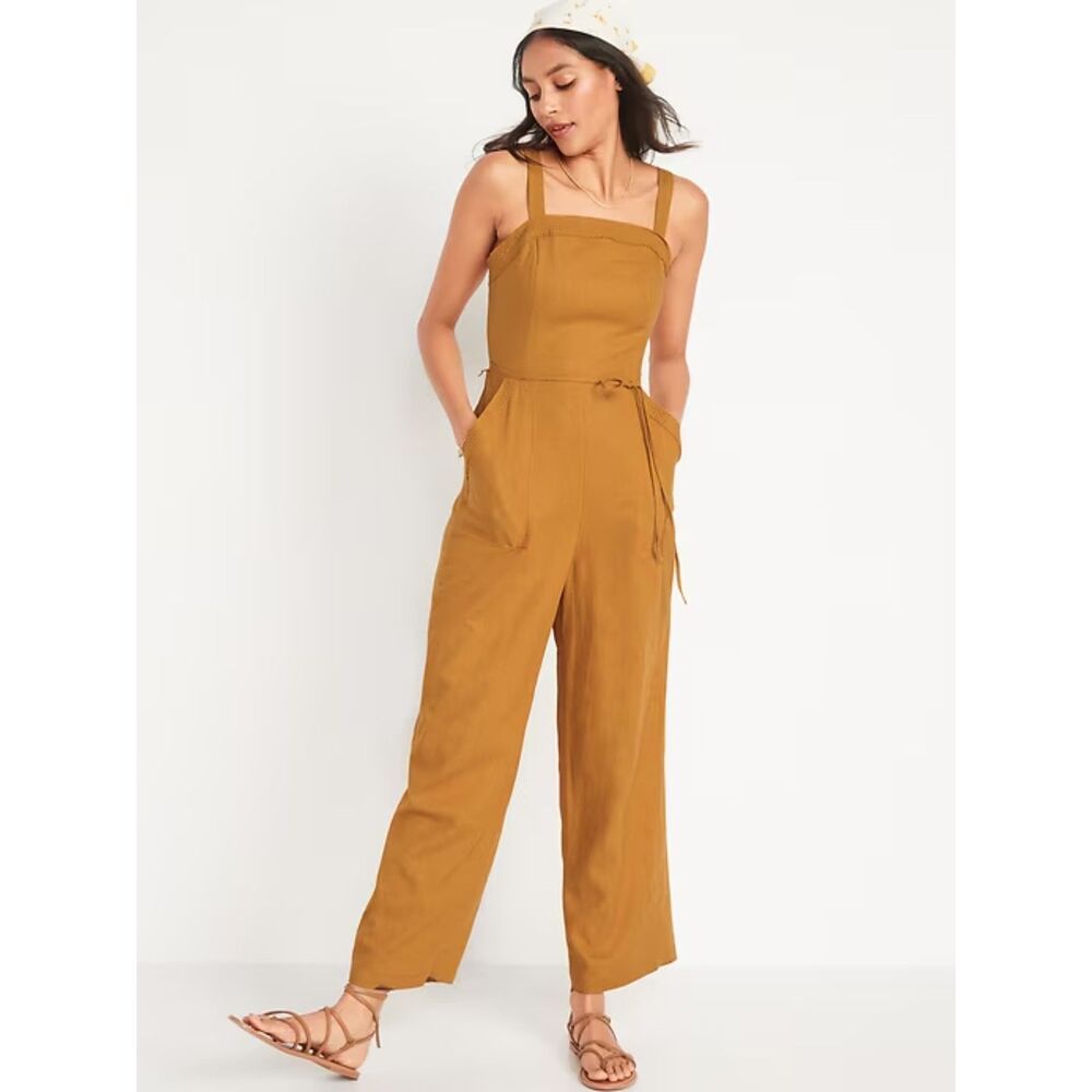 Old Navy Mustard Yellow Jumpsuit with Adjustable Straps Linen Wide Leg